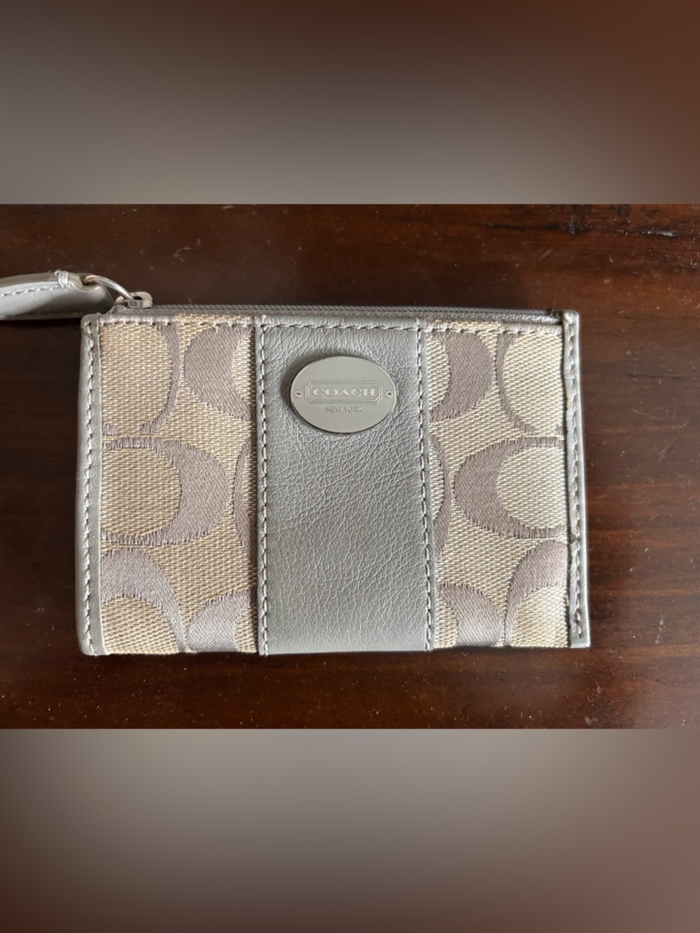 Coach Silver and Beige Signature Zip Wallet